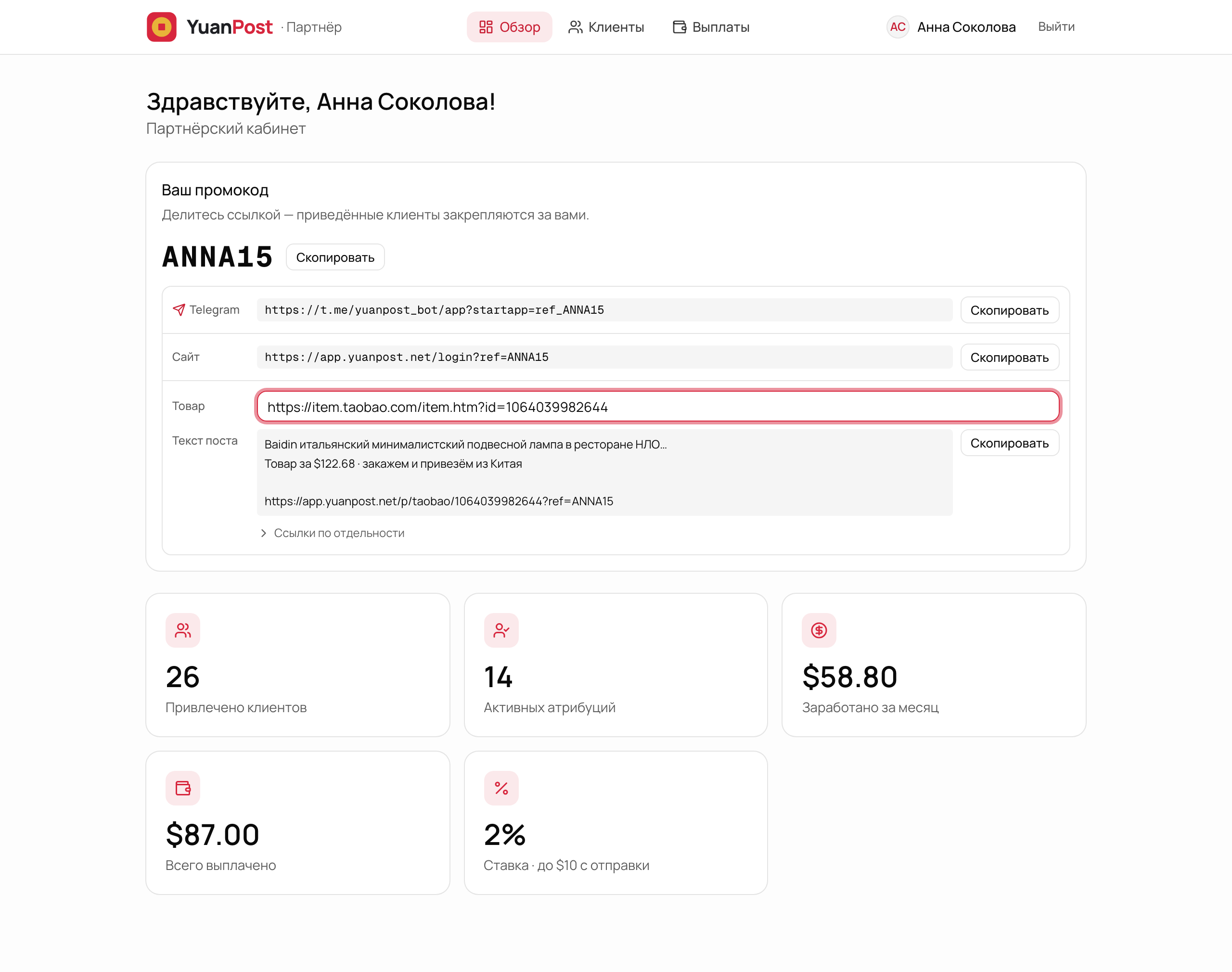 Обзор кабинета партнёра: промокод ANNA15, ссылка для Telegram, ссылка на конкретный товар, 26 привлечённых клиентов, 14 активных атрибуций и $58.80 заработка за месяц